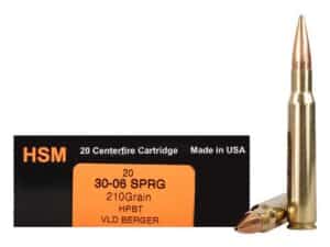 HSM Trophy Gold Ammunition 30-06 Springfield 210 Grain Berger Hunting VLD Hollow Point Boat Tail Box of 20 For Sale
