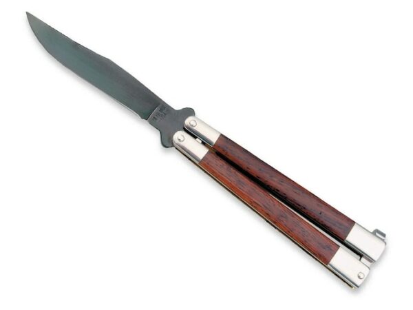 Bear & Son Folding Balisong Butterfly Knife 3.5″ Clip Point 440 Stainless Steel Blade Cocobola Handle Brown For Sale