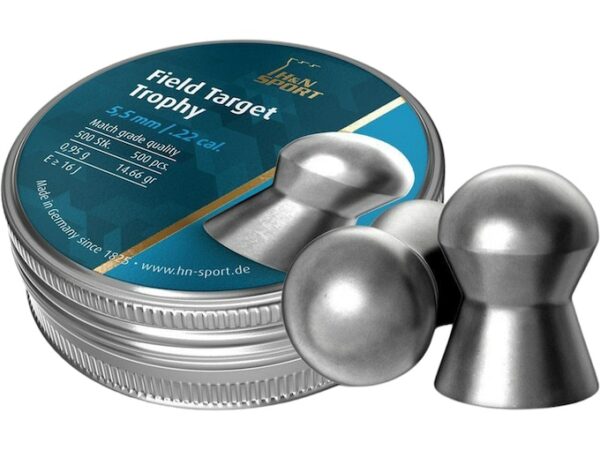 H&N Field Target Trophy Air Gun Pellets 22 Caliber 14.66 Grain 5.53mm Head-Size Domed Tin of 500 For Sale