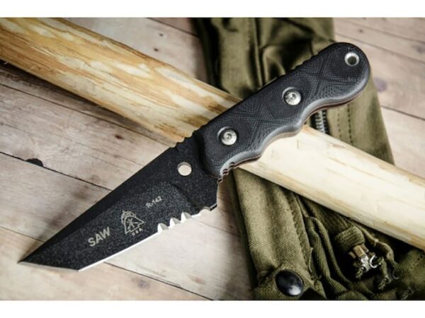 TOPS Knives SAW Special Assault Weapon Fixed Blade Knife 3.5″ Partially Serrated Tanto Point Blade G-10 Handle Black For Sale